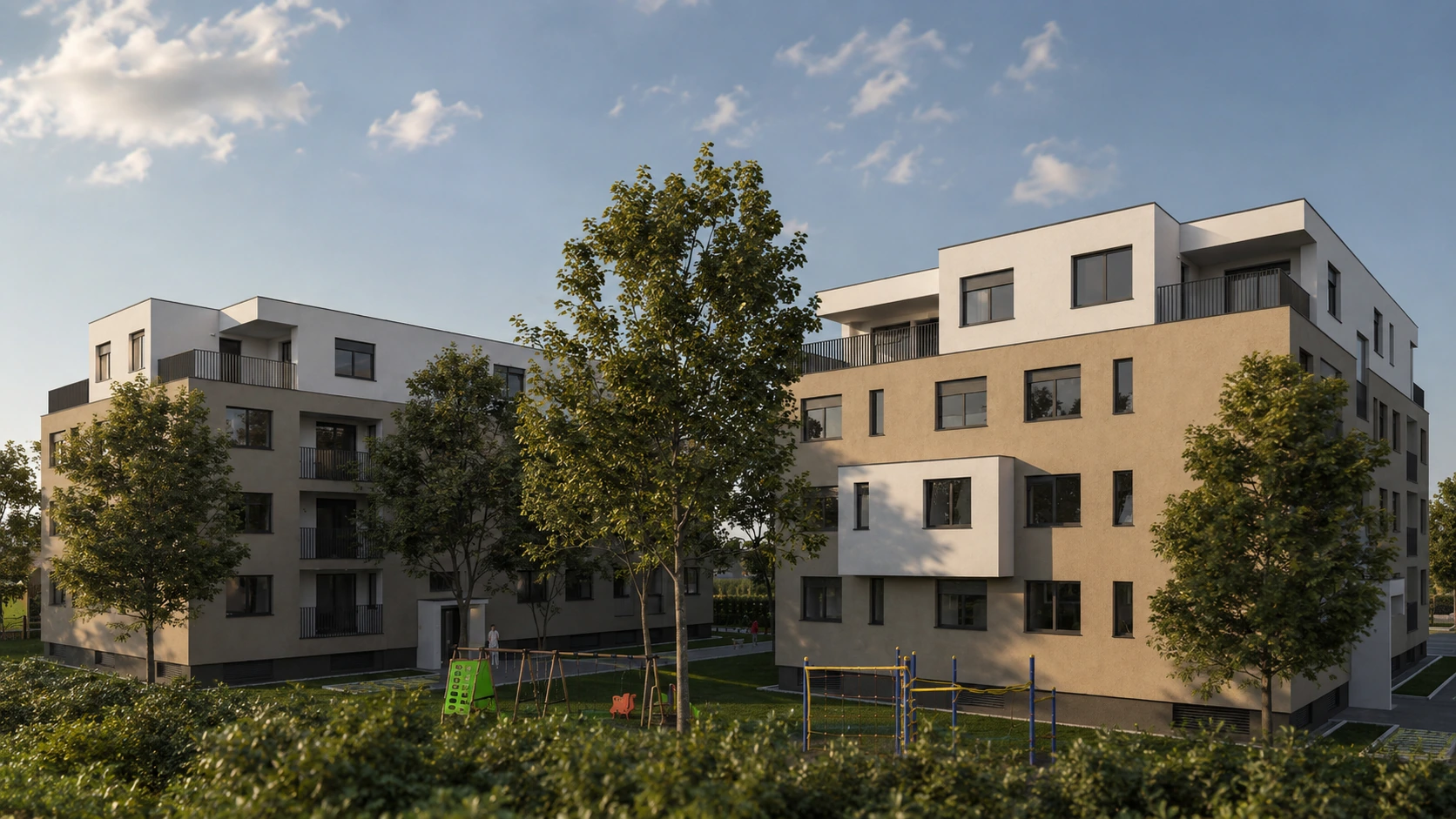 Render zgrada Bistra Park u Bistri sa zelenilom i prostorom između zgrada